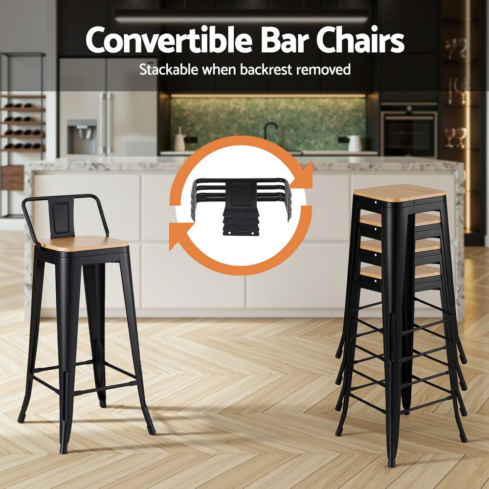 Artiss 2x Bar Stools Kitchen Counter High Chair Dining Stackable Metal Black