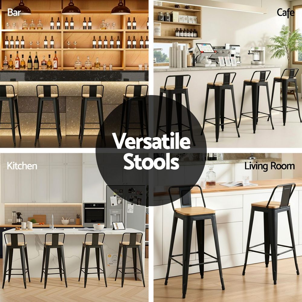 Artiss 4x Bar Stools Kitchen Counter High Chair Dining Stackable Metal Black