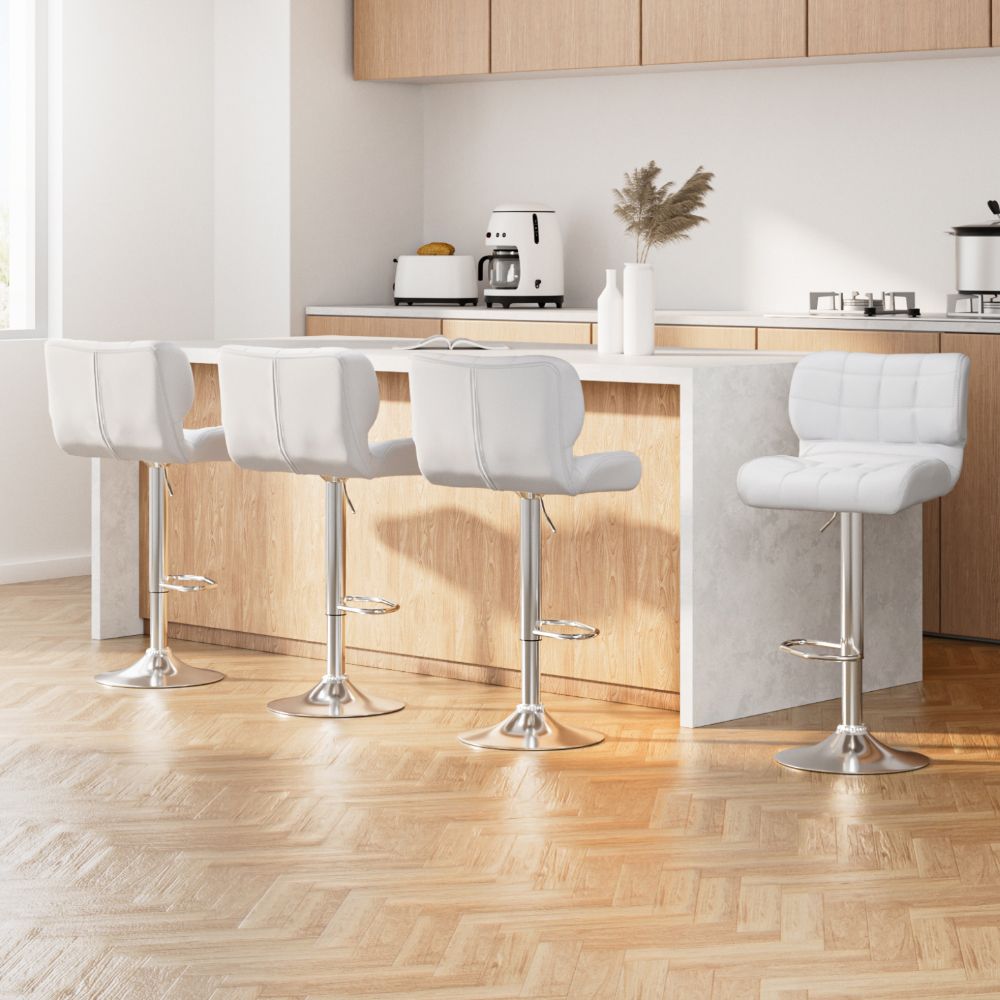 Bar Stools Set of 4 PU Leather Gas Lift - White and Chrome