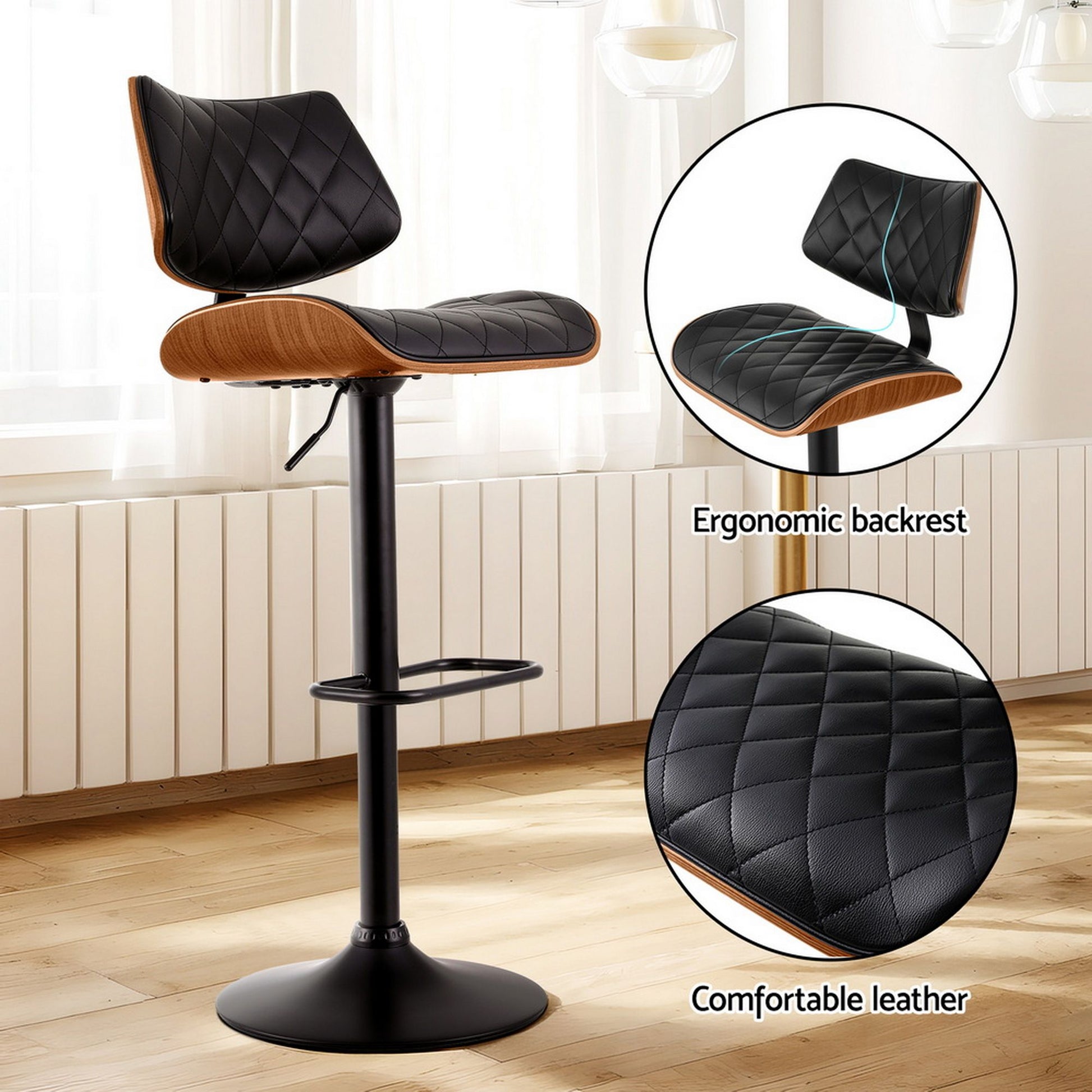 Black wooden leather 2x bar stool for household use