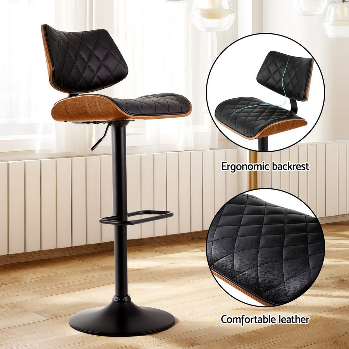 4x Bar Stools Kitchen Dining Chairs Gas Lift Stool Wooden Leather Black