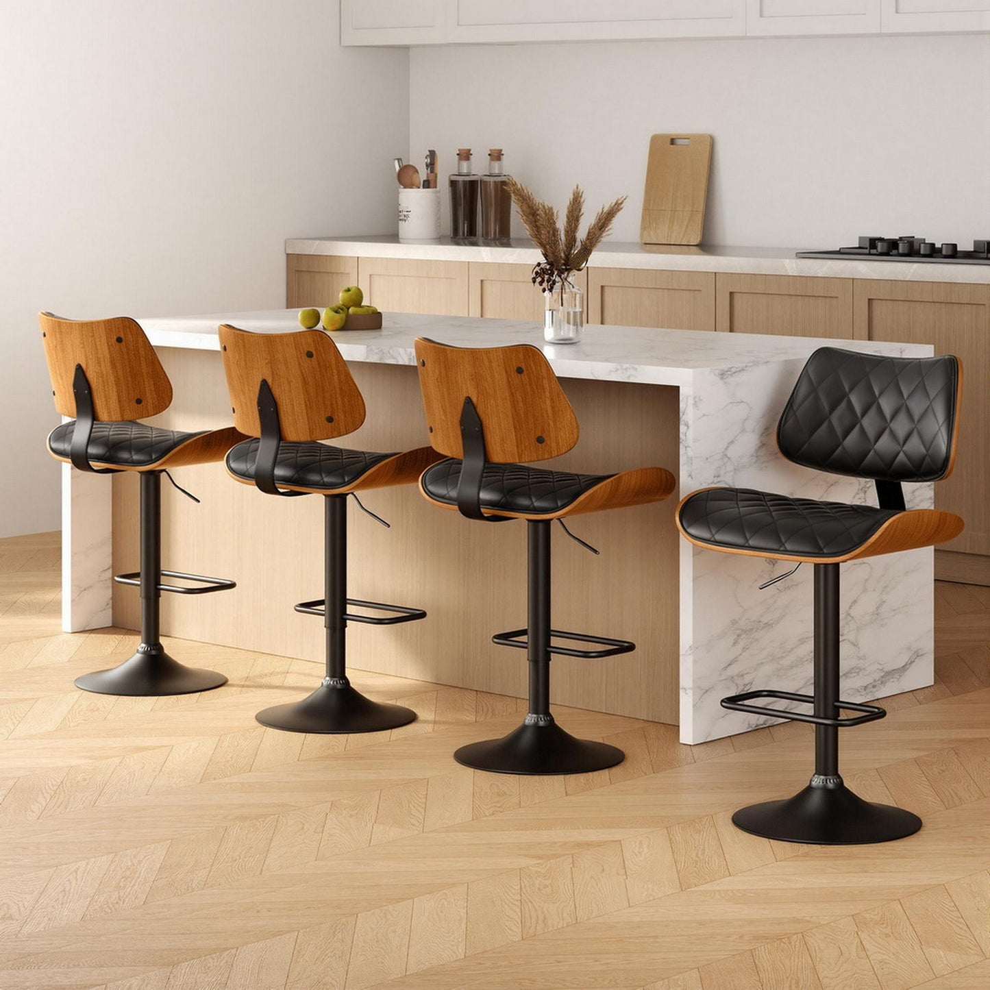 Stools Kitchen Dining Chairs Gas Lift Stool Wooden Leather Black 4x Bar