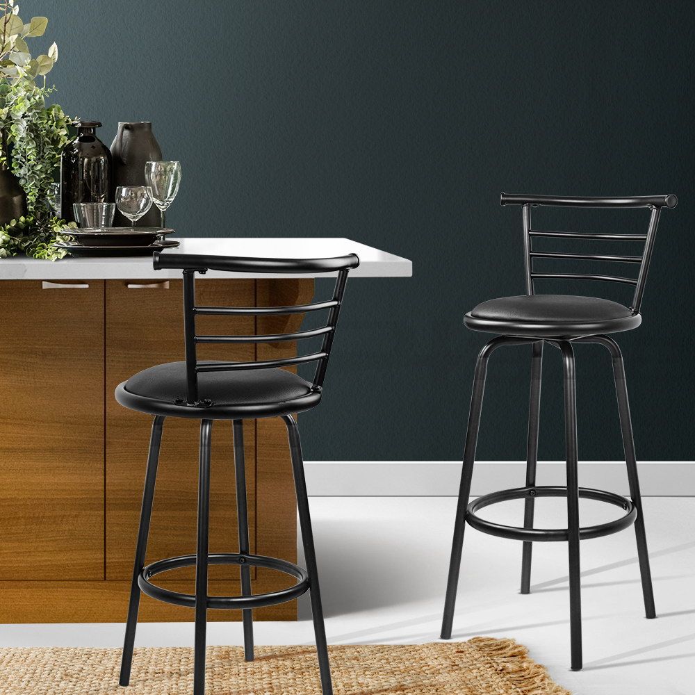 Bar Stools Set of 2 PU Leather - Black and Steel