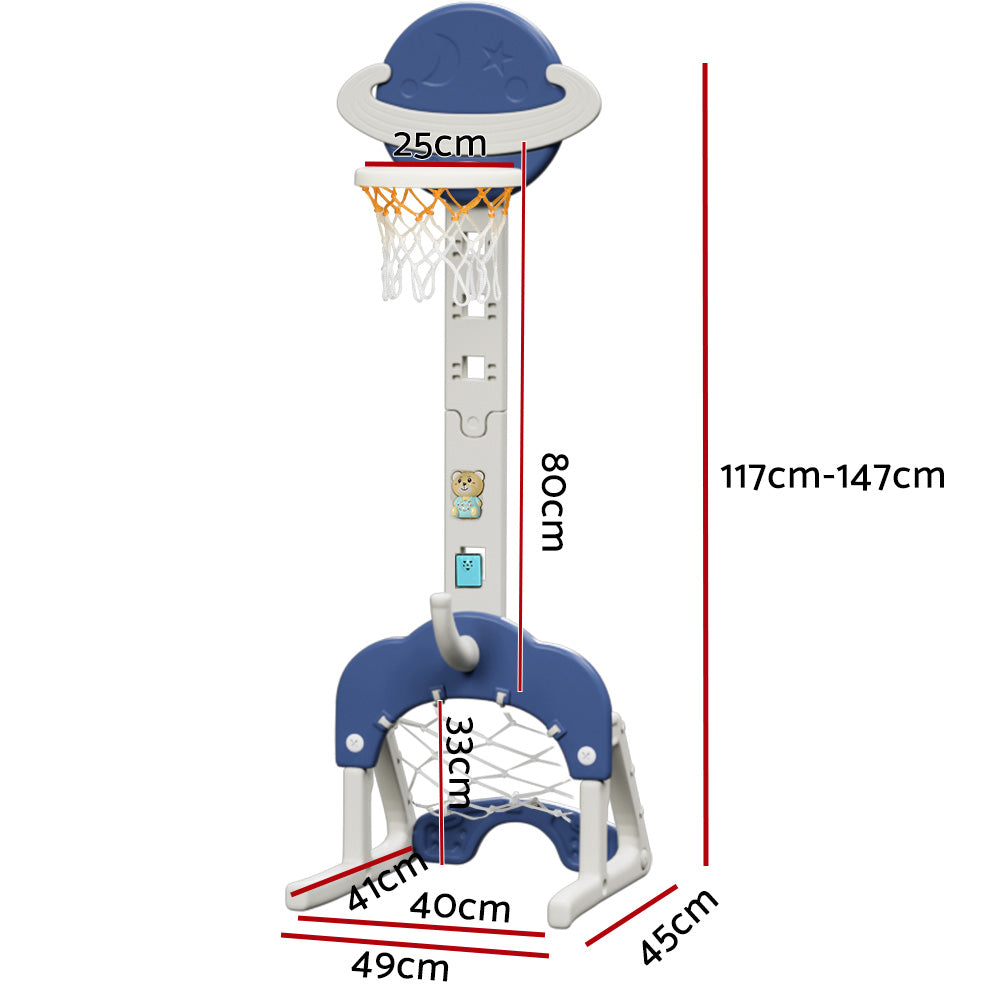 Kids Basketball Hoop Stand Adjustable 6-in-1 Sports Center Toys Set Blue