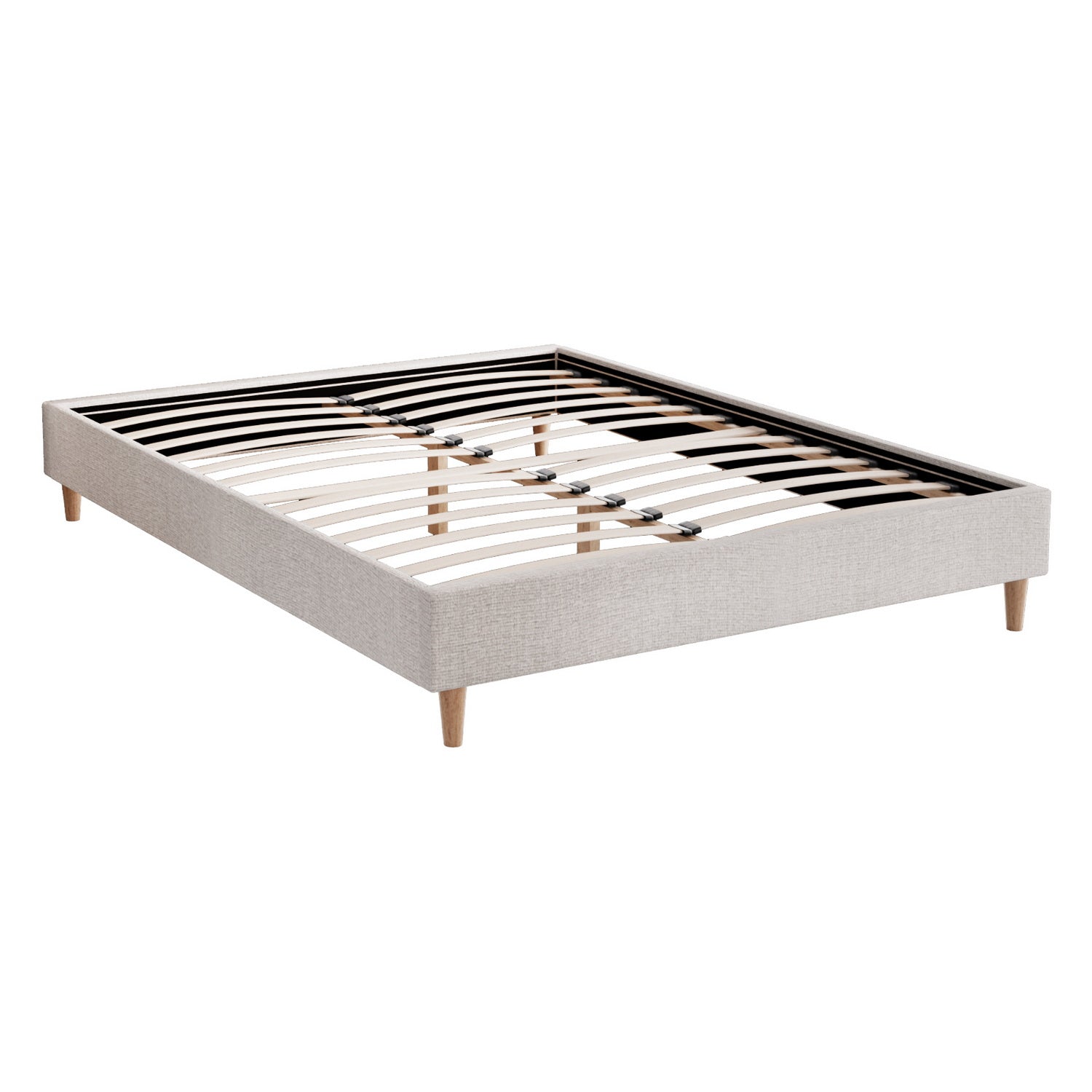 Beige bed double size with upholstered headboard and side rails
