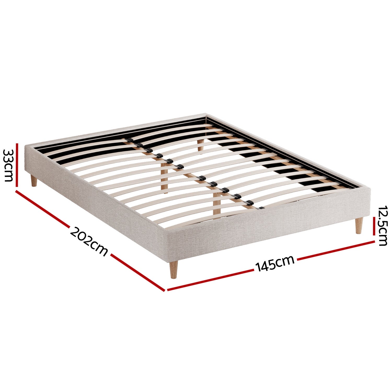 Beige bed double size with gas lift storage and fabric headboard