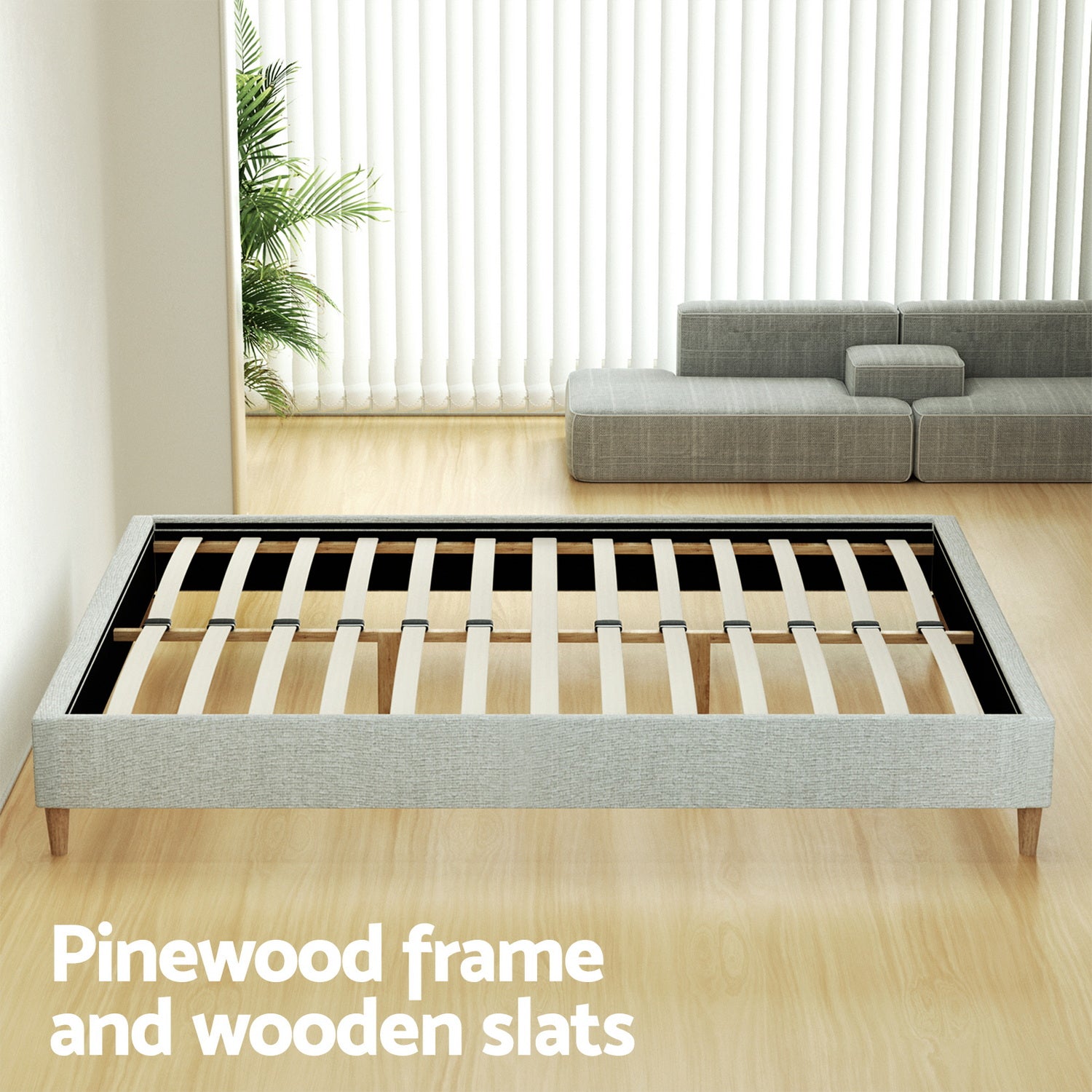 Beige bed double size with caster wheels and side handle rail
