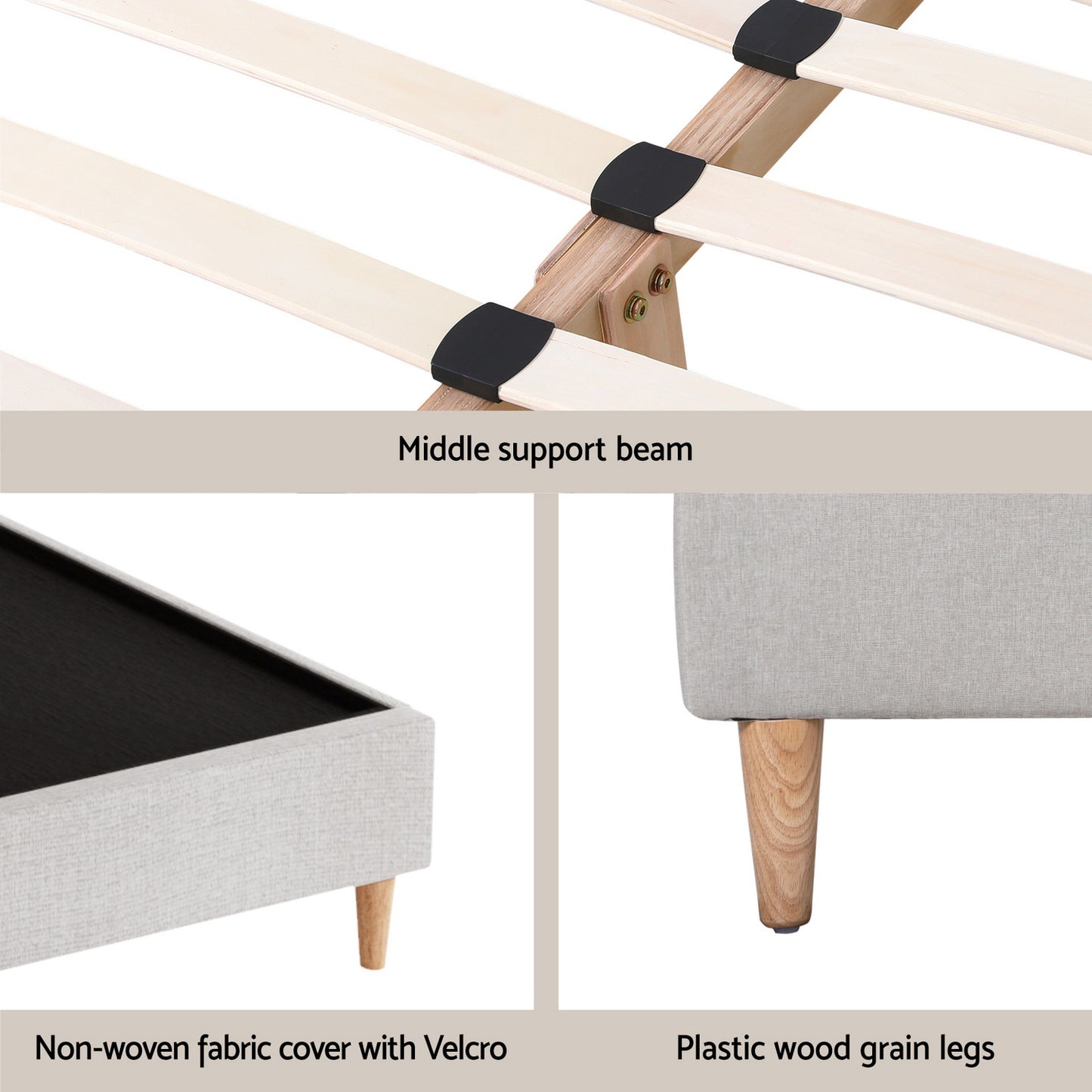 Beige bed double size with storage base and slatted support