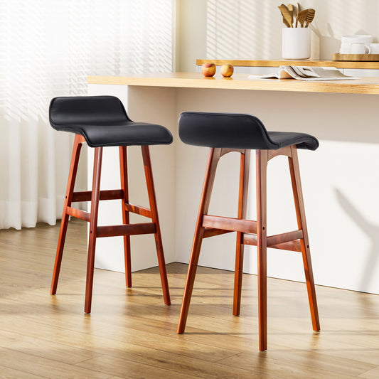 PU Leather Wave-Style Bar Stools (Set of 2), Wood, Black
