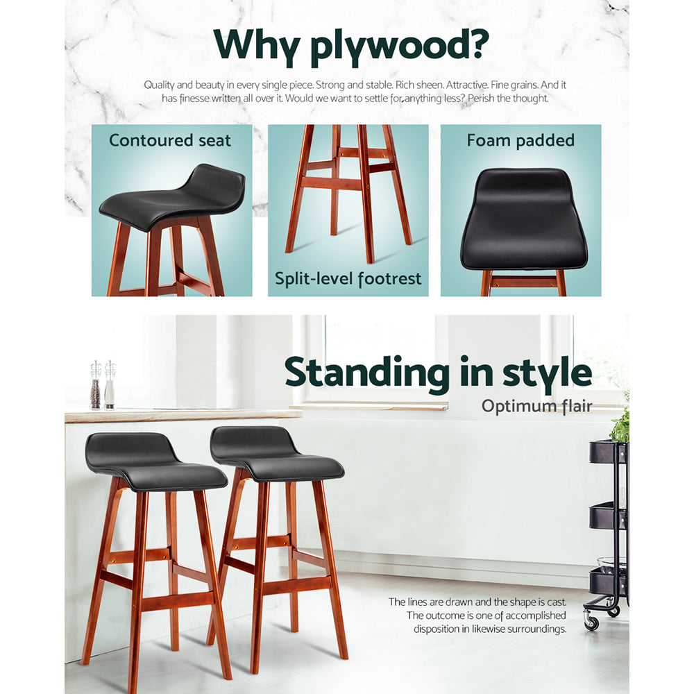 PU Leather Wave-Style Bar Stools (Set of 2), Wood, Black