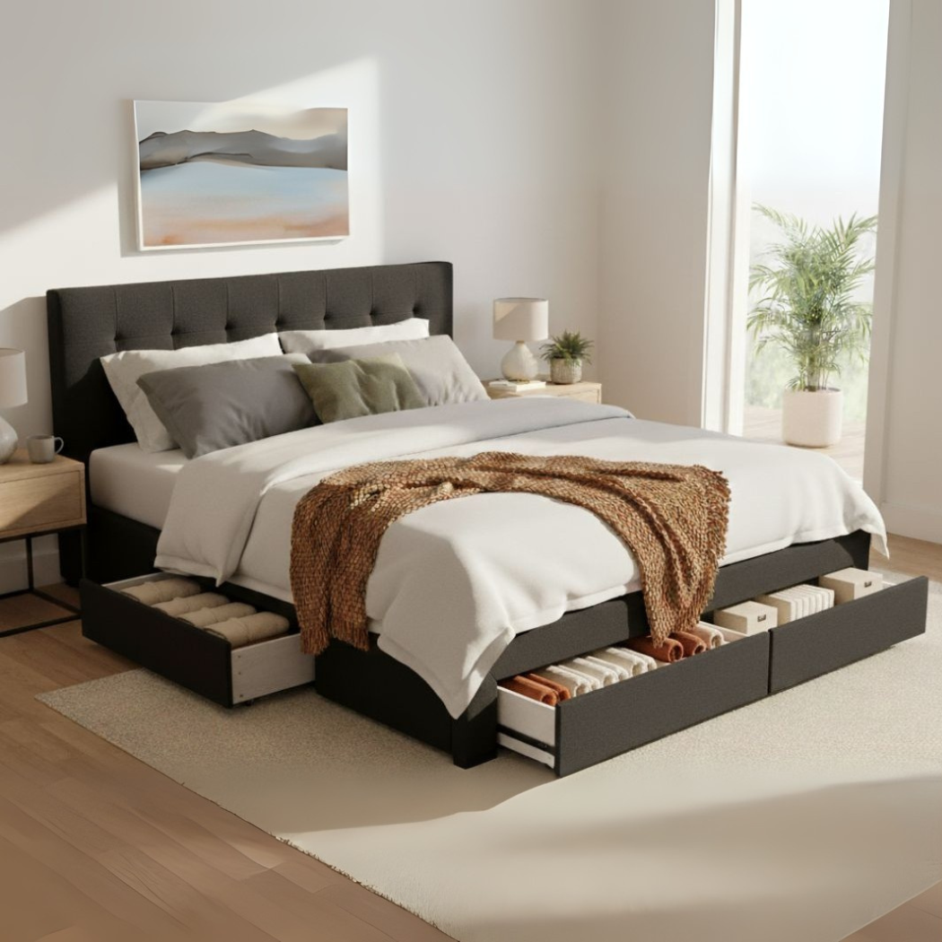 Levede Queen Bed Frame Fabric Tufted Dark Grey