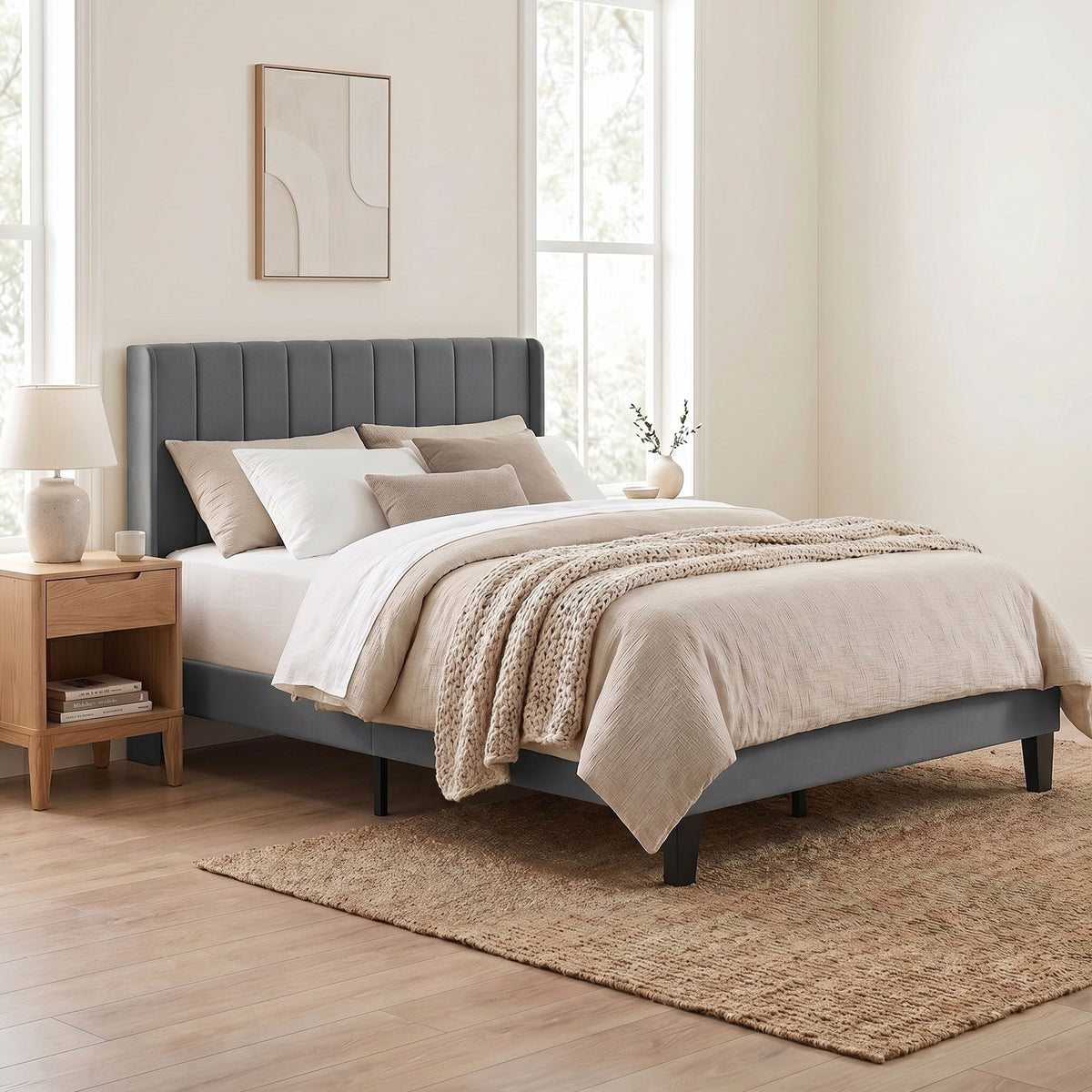 Levede Metal Wooden Bed Frame Double Panel Plush Upholstered Soft Headboard Grey
