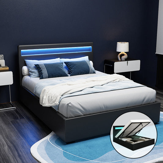 LED Bed Frame PU Leather Gas Lift Storage Black Double