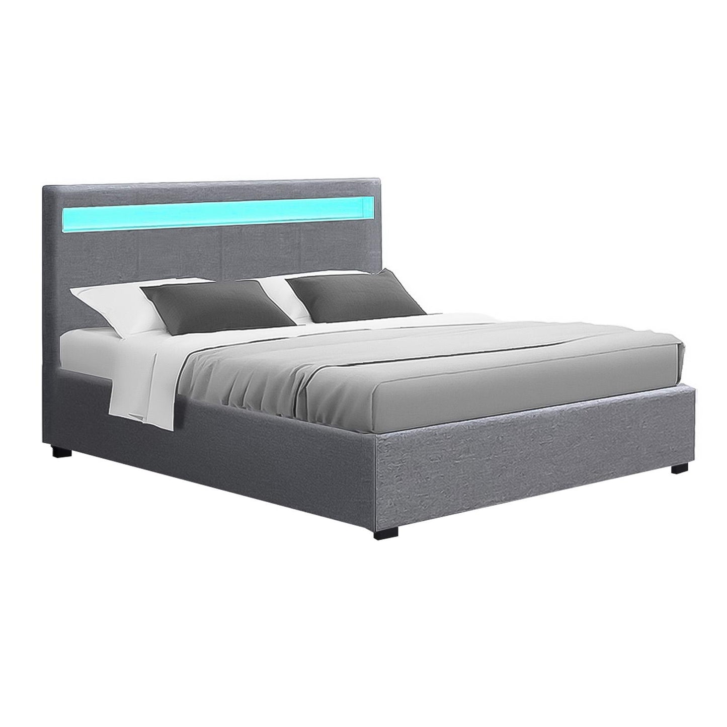 LED Bed Frame Fabric Gas Lift Storage - Grey Double