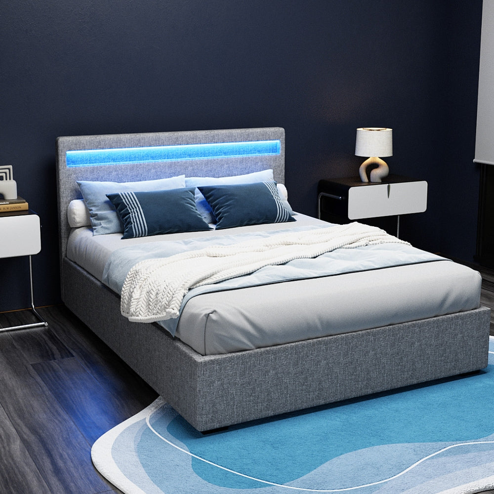 LED Bed Frame Fabric Gas Lift Storage - Grey Double