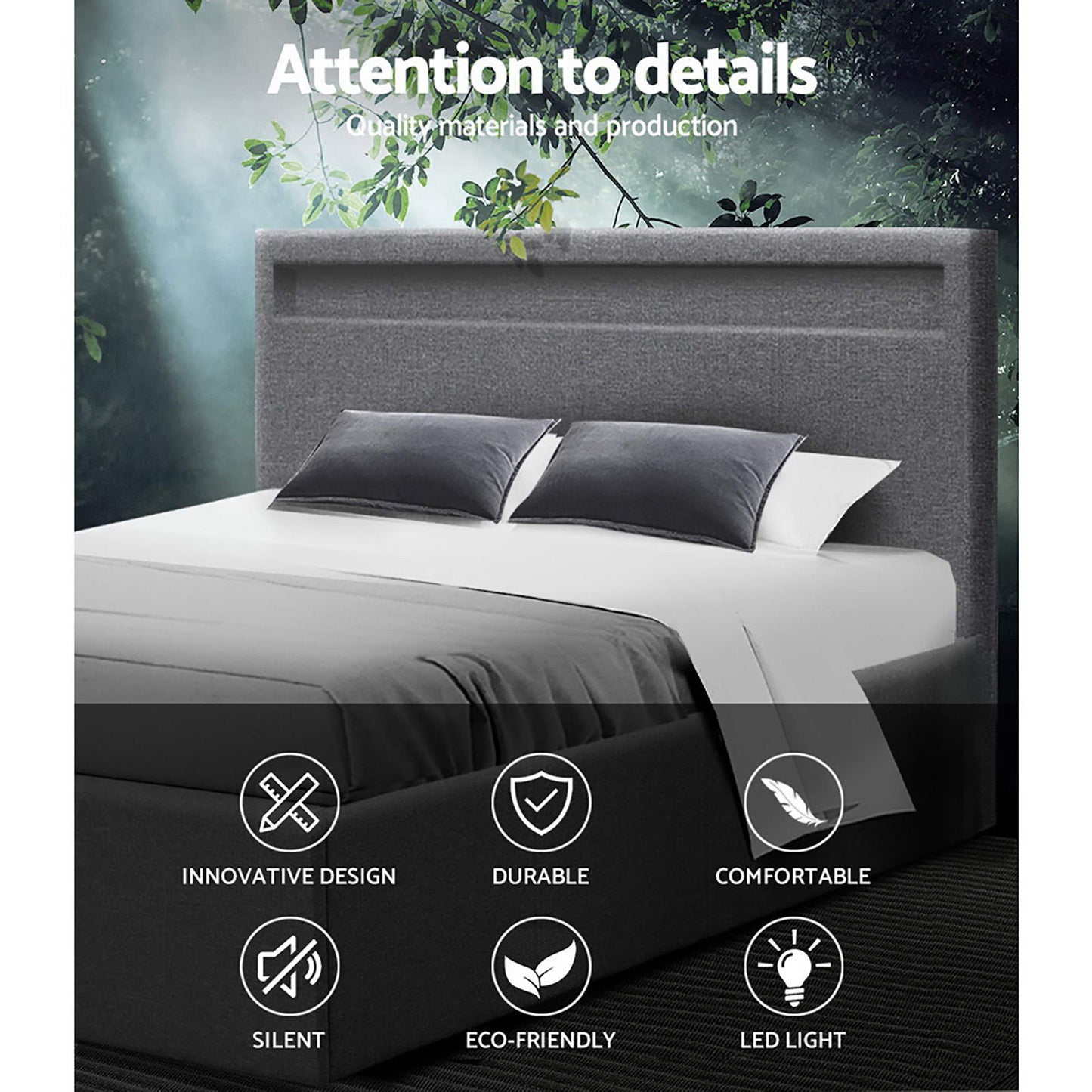 LED Bed Frame Fabric Gas Lift Storage - Grey Double