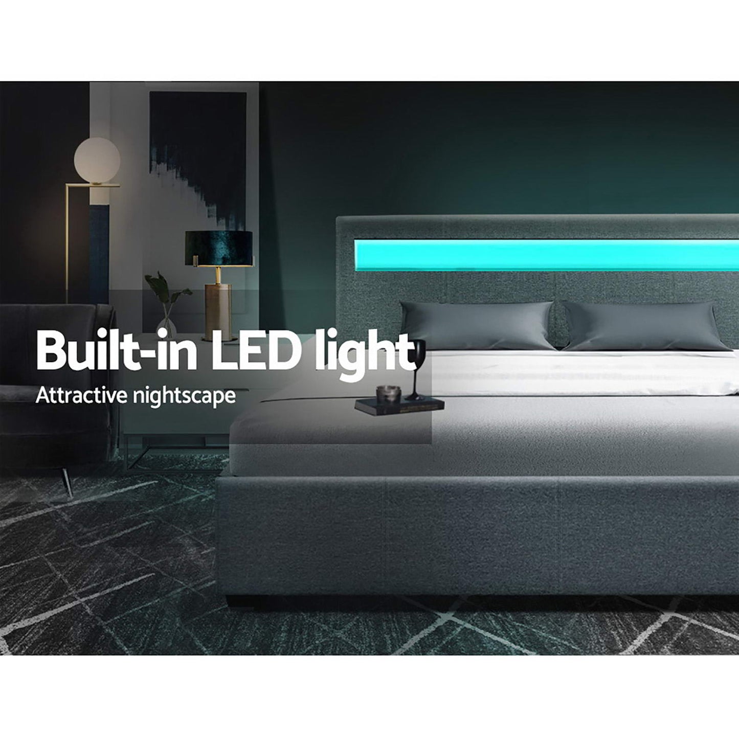 LED Bed Frame Fabric Gas Lift Storage - Grey Double