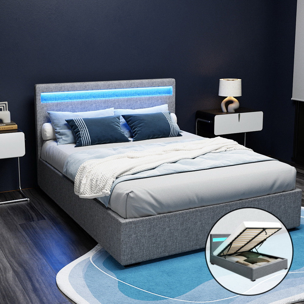 LED Bed Frame Fabric Gas Lift Storage - Grey Double