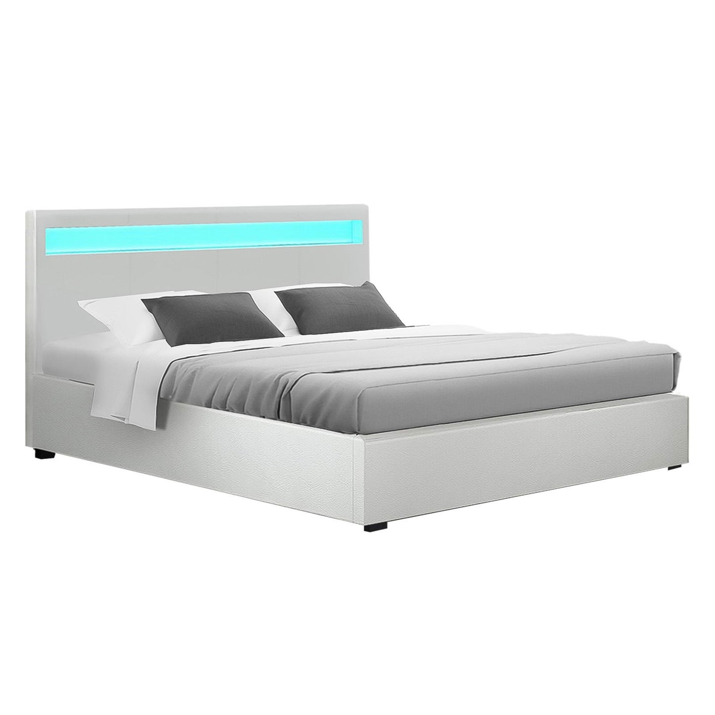 LED Bed Frame PU Leather Gas Lift Storage - White Double