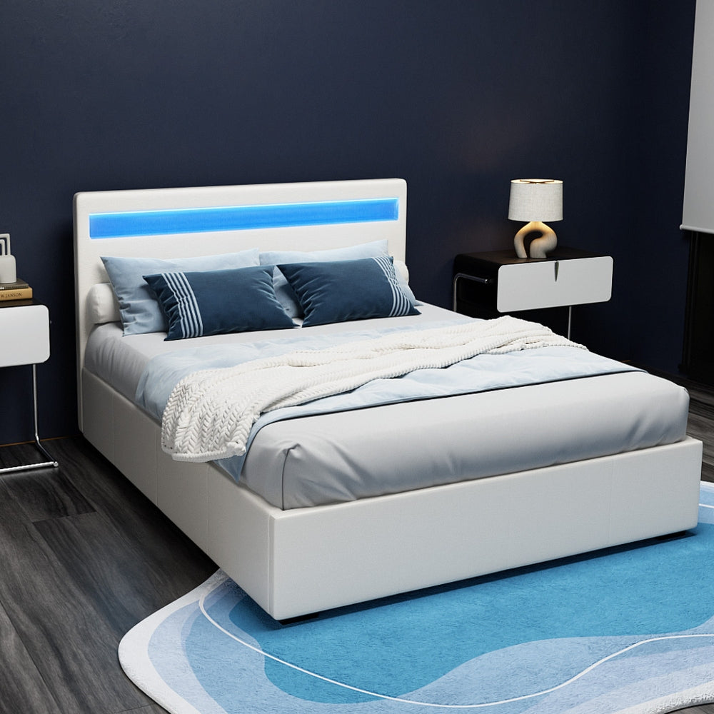 LED Bed Frame PU Leather Gas Lift Storage - White Double