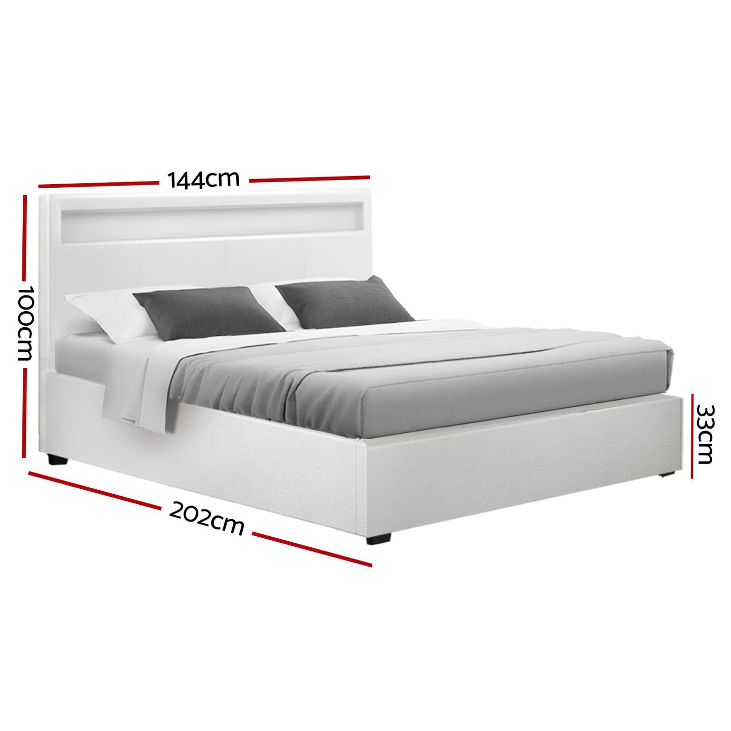 LED Bed Frame PU Leather Gas Lift Storage - White Double