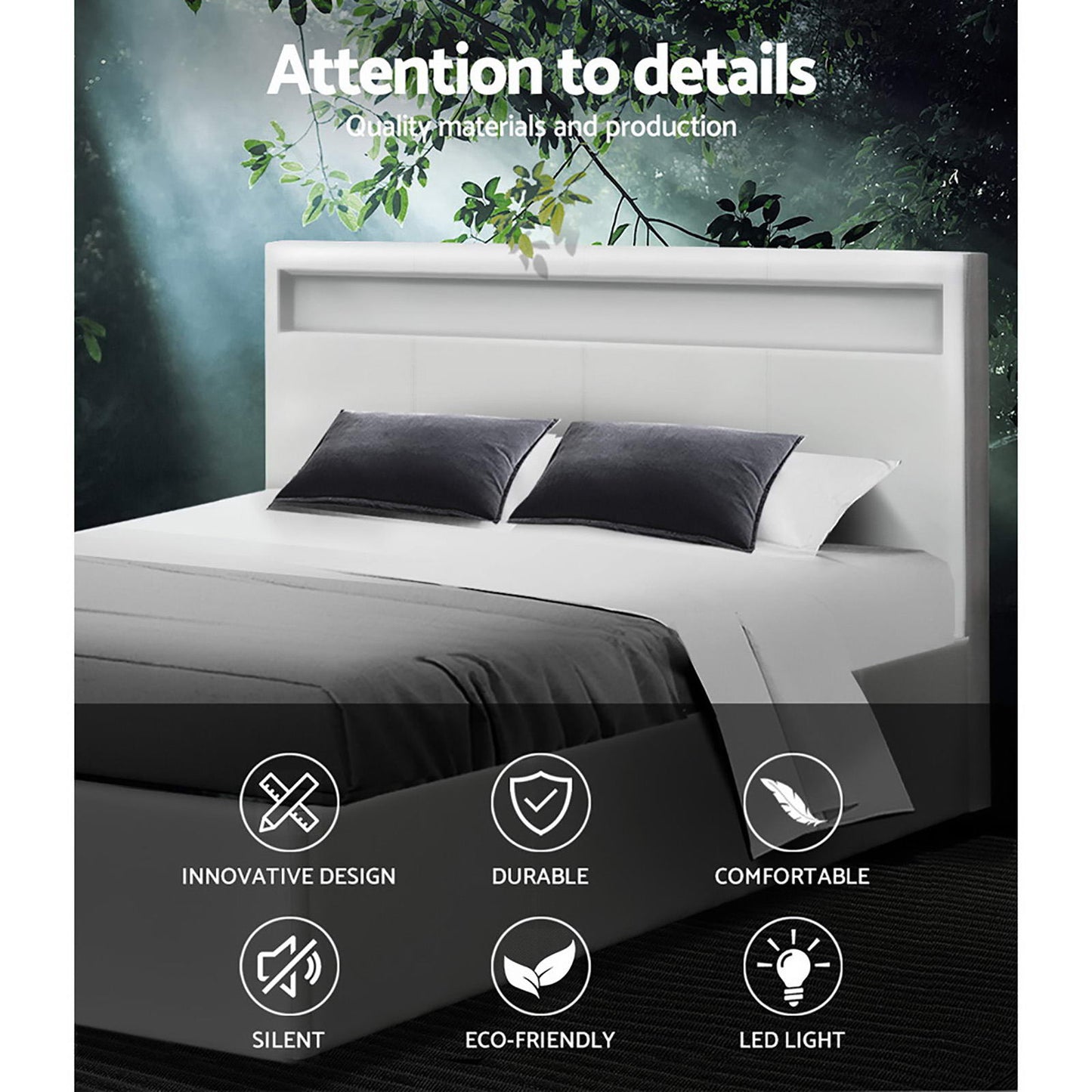 LED Bed Frame PU Leather Gas Lift Storage - White Double