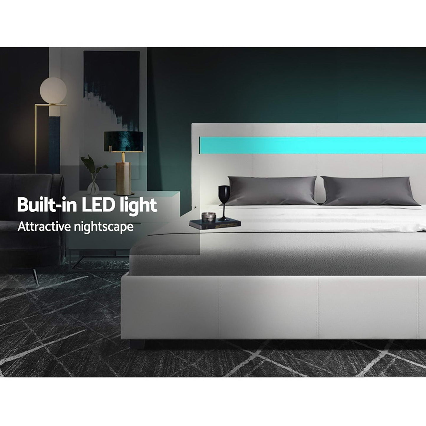 LED Bed Frame PU Leather Gas Lift Storage - White Double