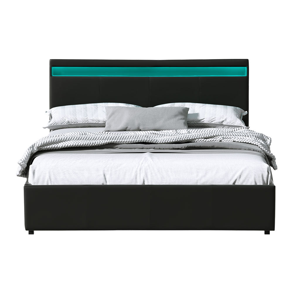 LED Bed Frame PU Leather Gas Lift Storage - Black Queen