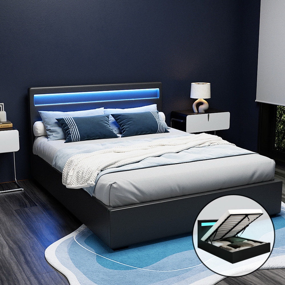 LED Bed Frame PU Leather Gas Lift Storage - Black Queen