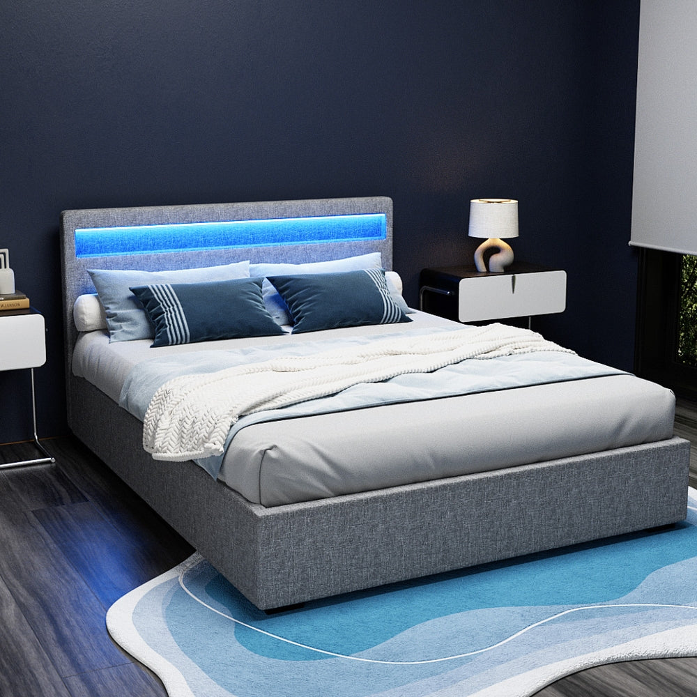 LED Bed Frame Fabric Gas Lift Storage - Grey Queen