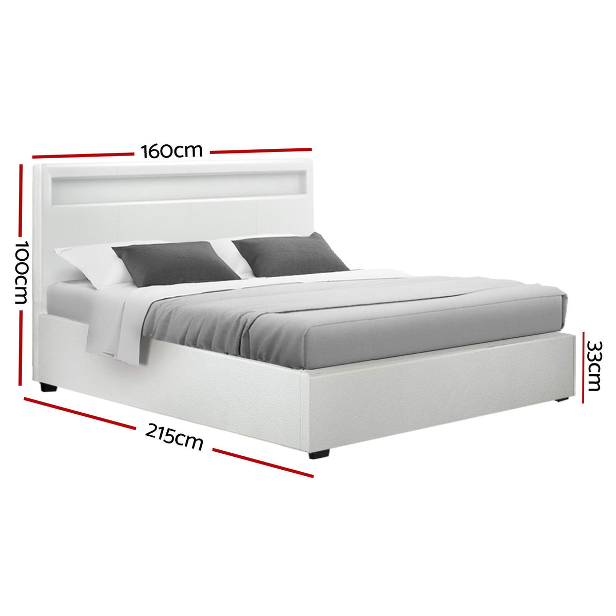 LED Bed Frame PU Leather Gas Lift Storage - White Queen