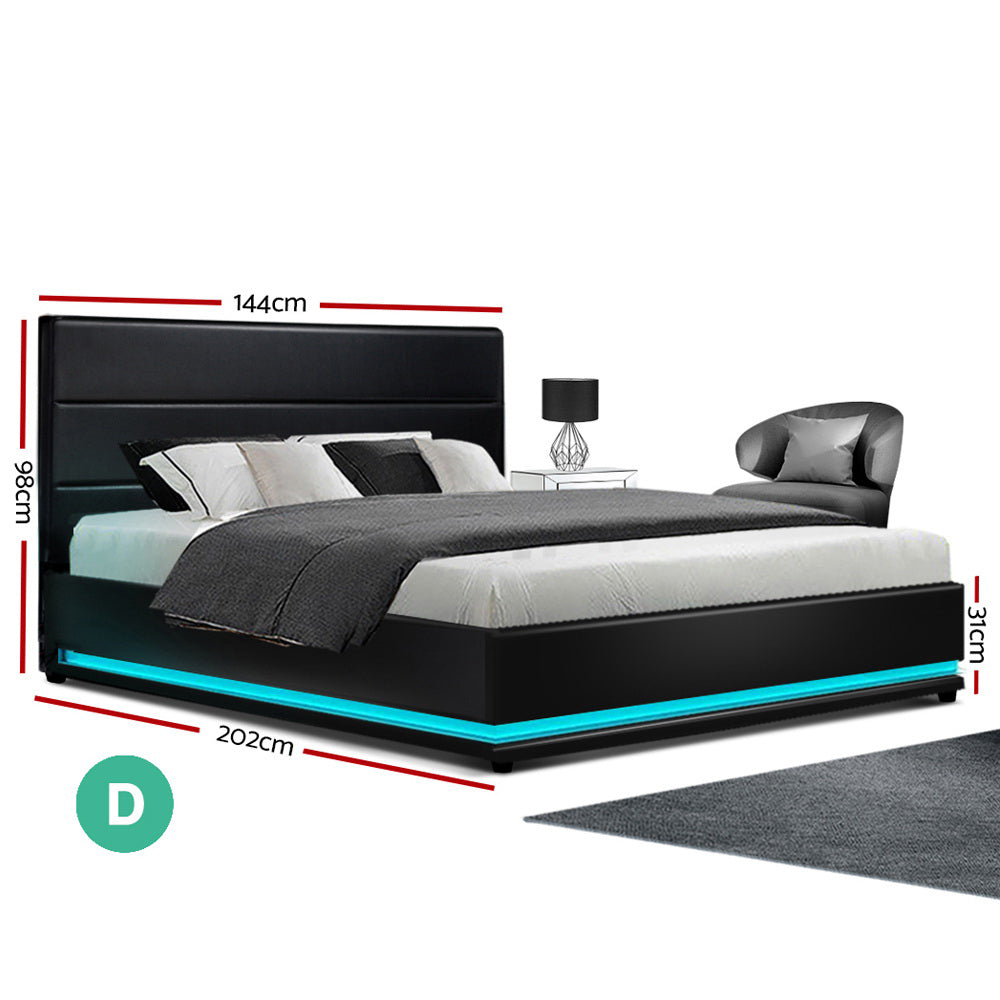 LED Bed Frame PU Leather Gas Lift Storage Black Double Lumi