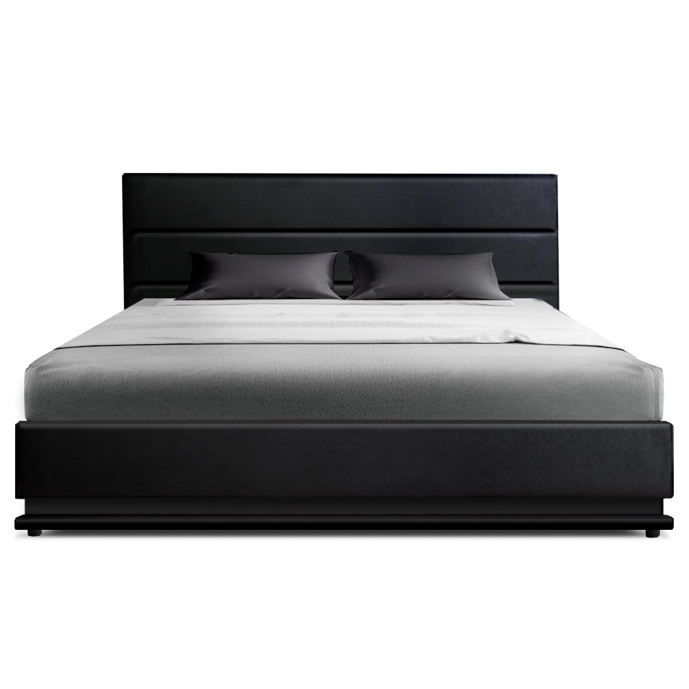 LED Bed Frame PU Leather Gas Lift Storage Black Double Lumi