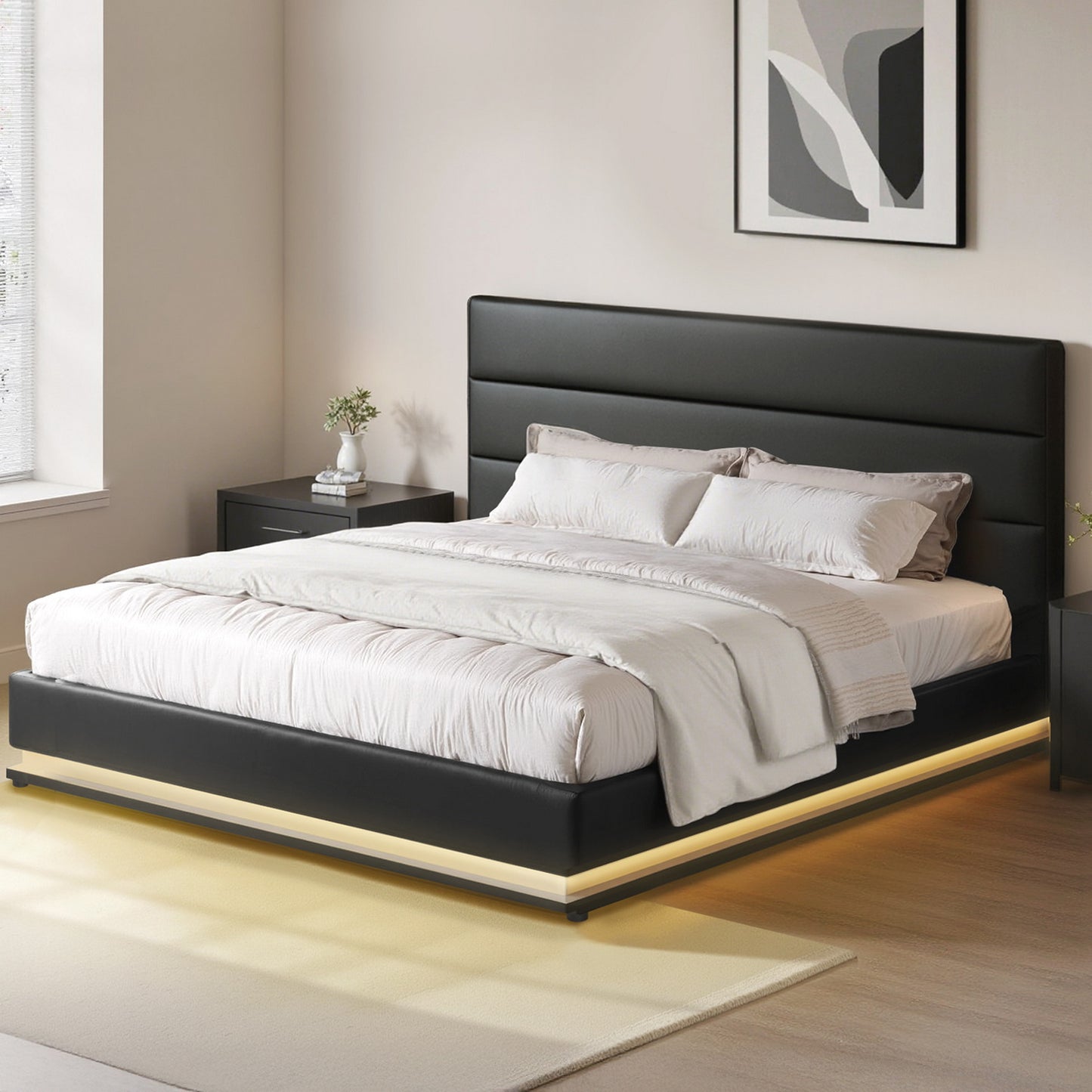 LED Bed Frame PU Leather Gas Lift Storage Black King Lumi