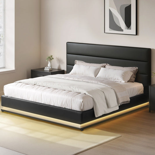 LED Bed Frame PU Leather Gas Lift Storage Black King Lumi