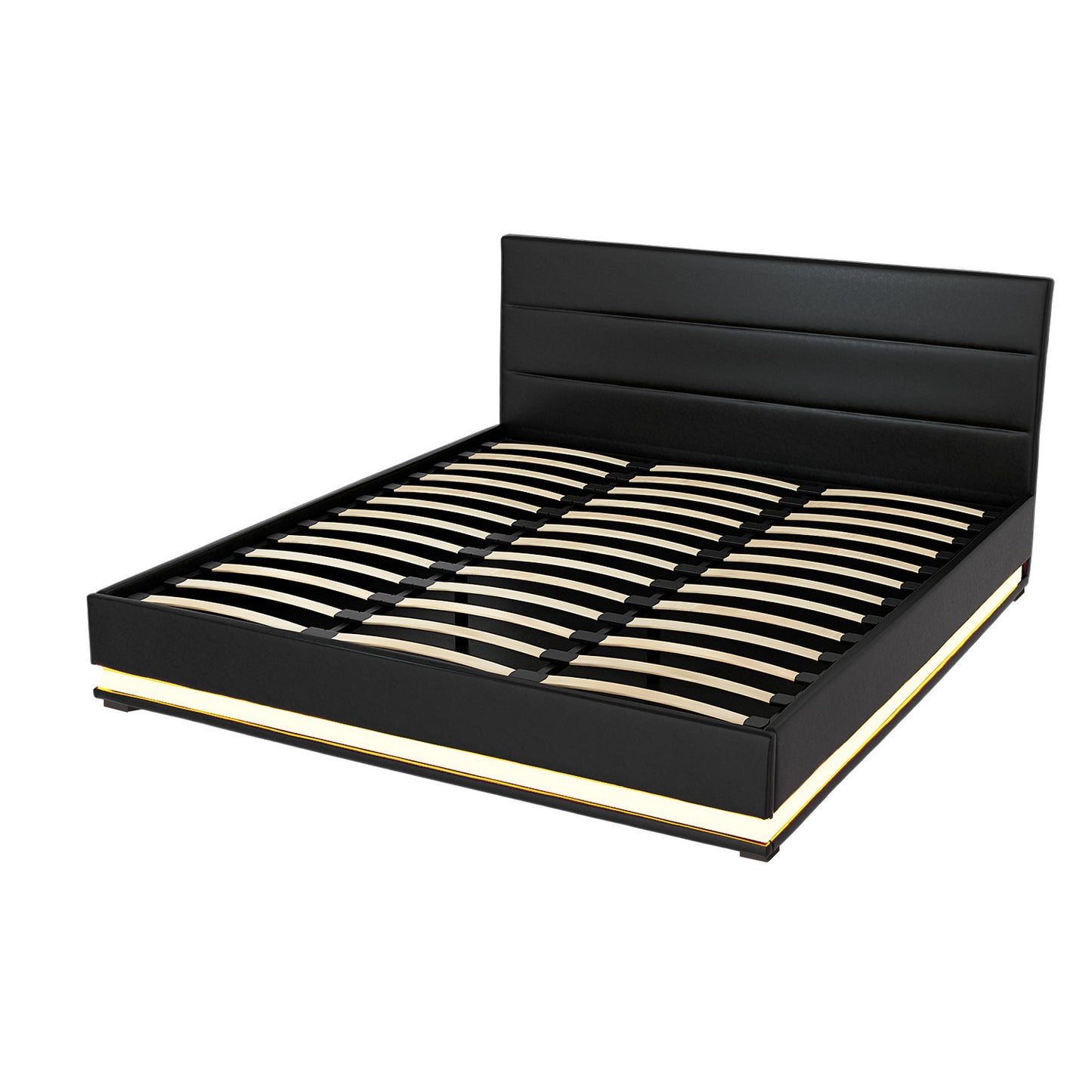 LED Bed Frame PU Leather Gas Lift Storage Black King Lumi