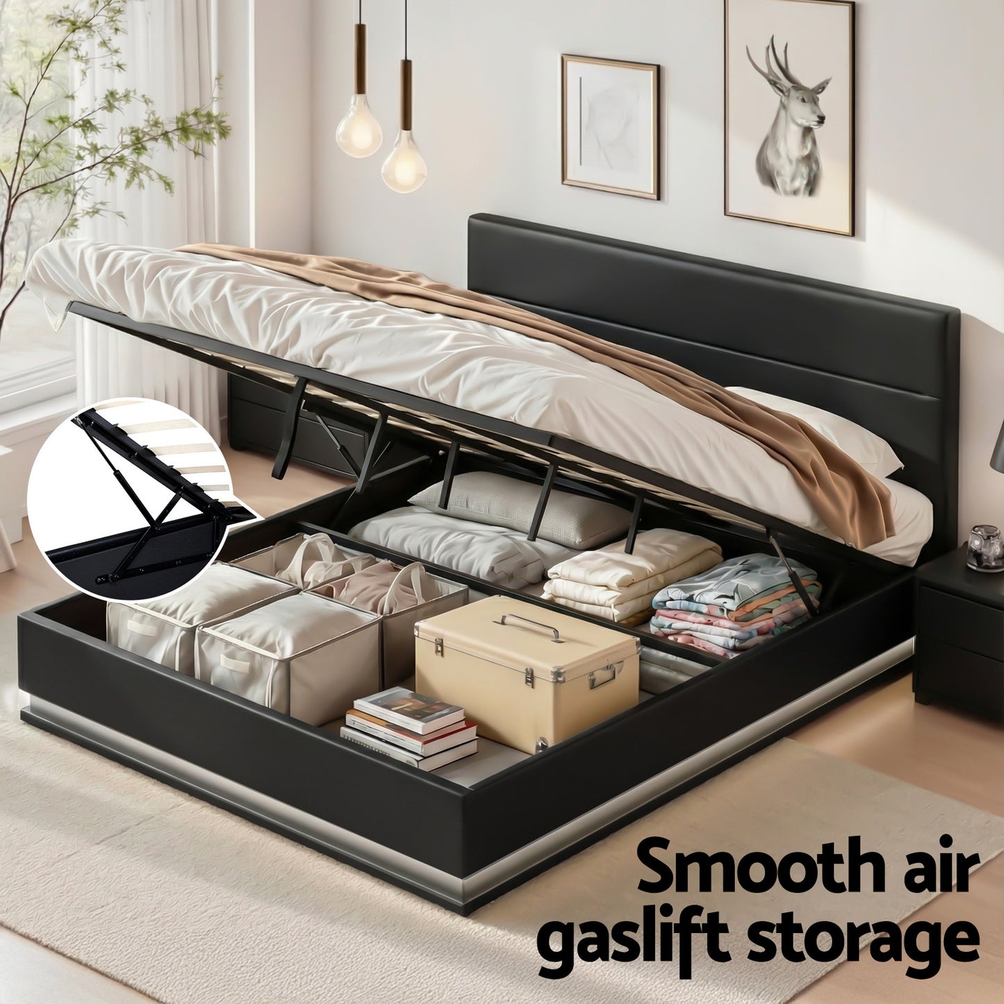 LED Bed Frame PU Leather Gas Lift Storage Black King Lumi