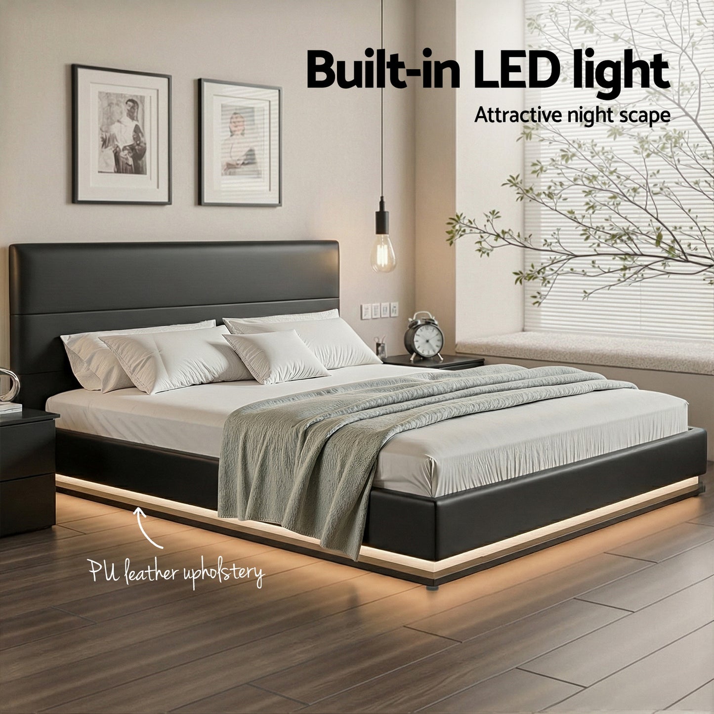 LED Bed Frame PU Leather Gas Lift Storage Black King Lumi