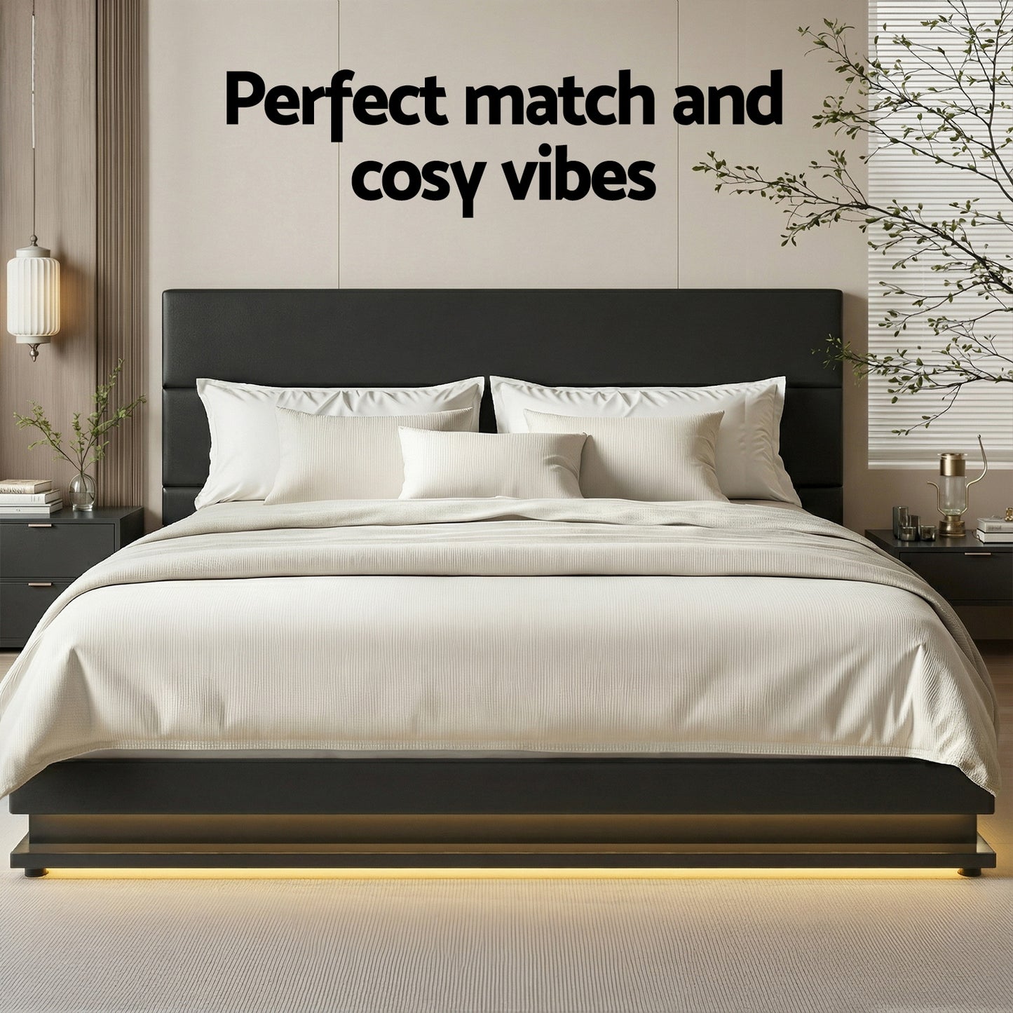 LED Bed Frame PU Leather Gas Lift Storage Black King Lumi