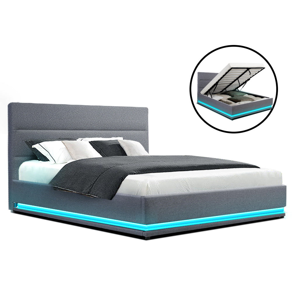 LED Bed Frame Queen Size Fabric Gas Lift