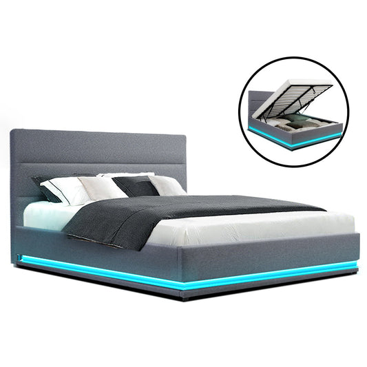 LED Bed Frame Queen Size Fabric Gas Lift