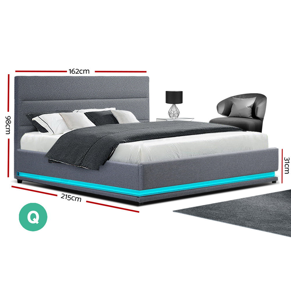 LED Bed Frame Queen Size Fabric Gas Lift Storage