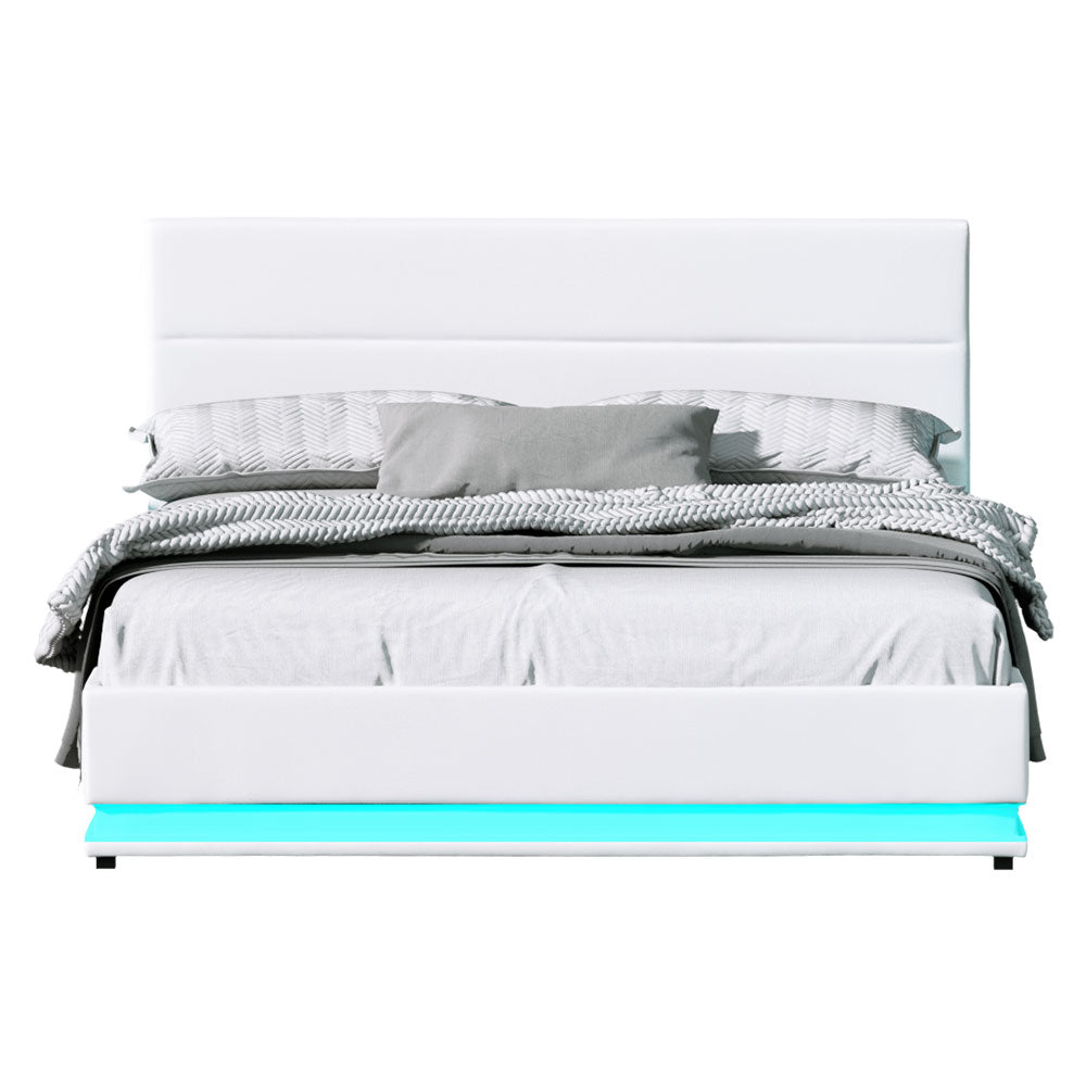 Lumi LED Bed Frame PU Leather Gas Lift Storage White Queen