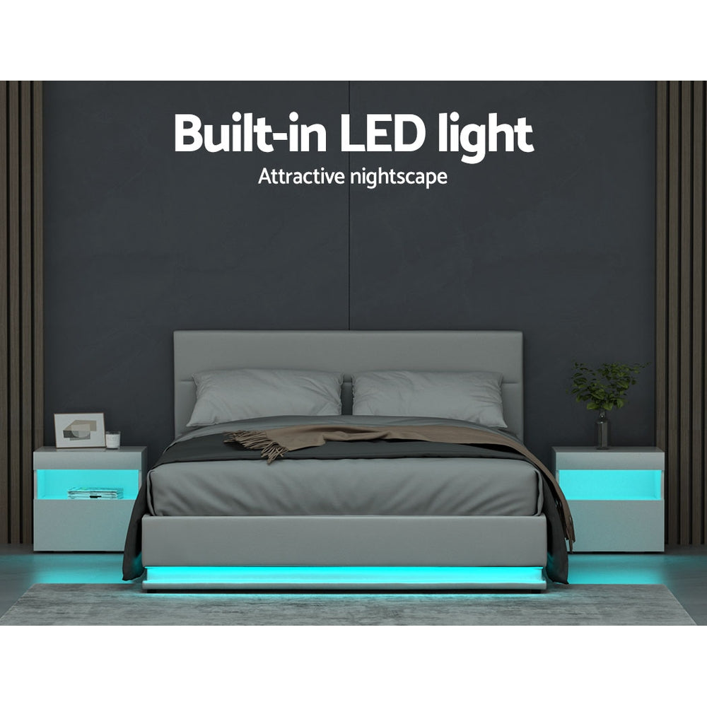 Lumi LED Bed Frame PU Leather Gas Lift Storage White Queen