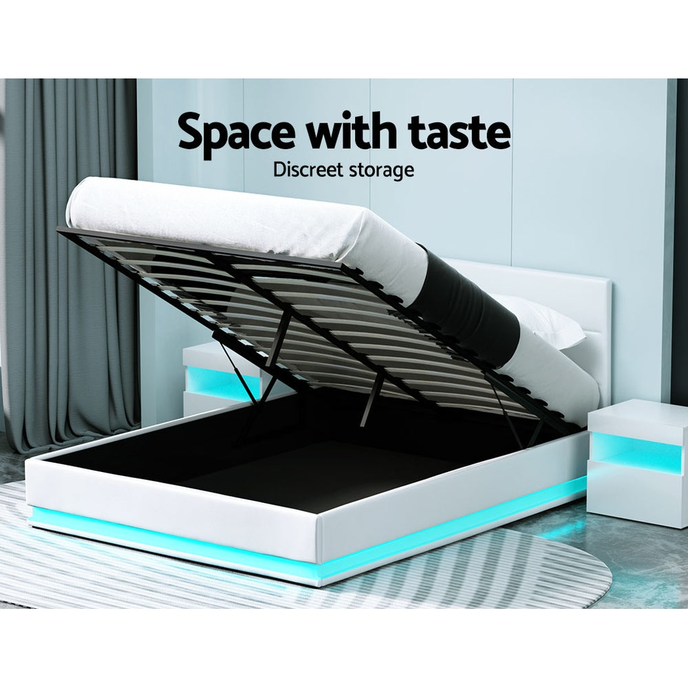 Lumi LED Bed Frame PU Leather Gas Lift Storage White Queen