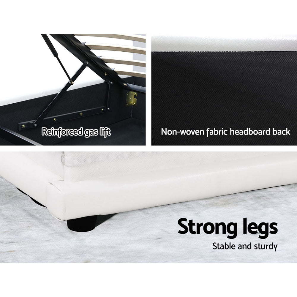Lumi LED Bed Frame PU Leather Gas Lift Storage White Queen
