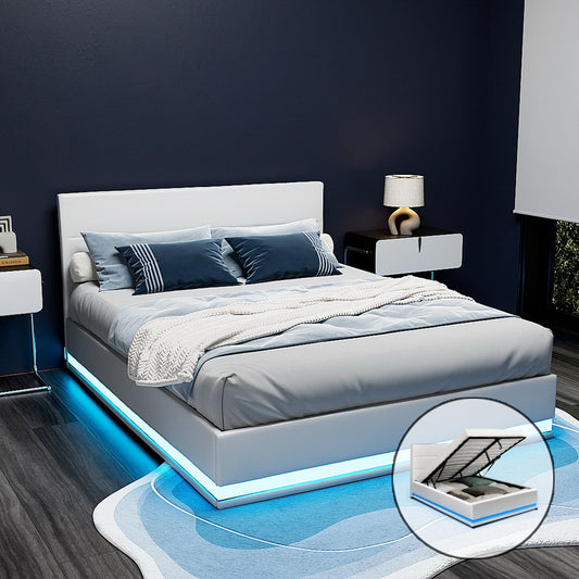 Lumi LED Bed Frame PU Leather Gas Lift Storage White Queen