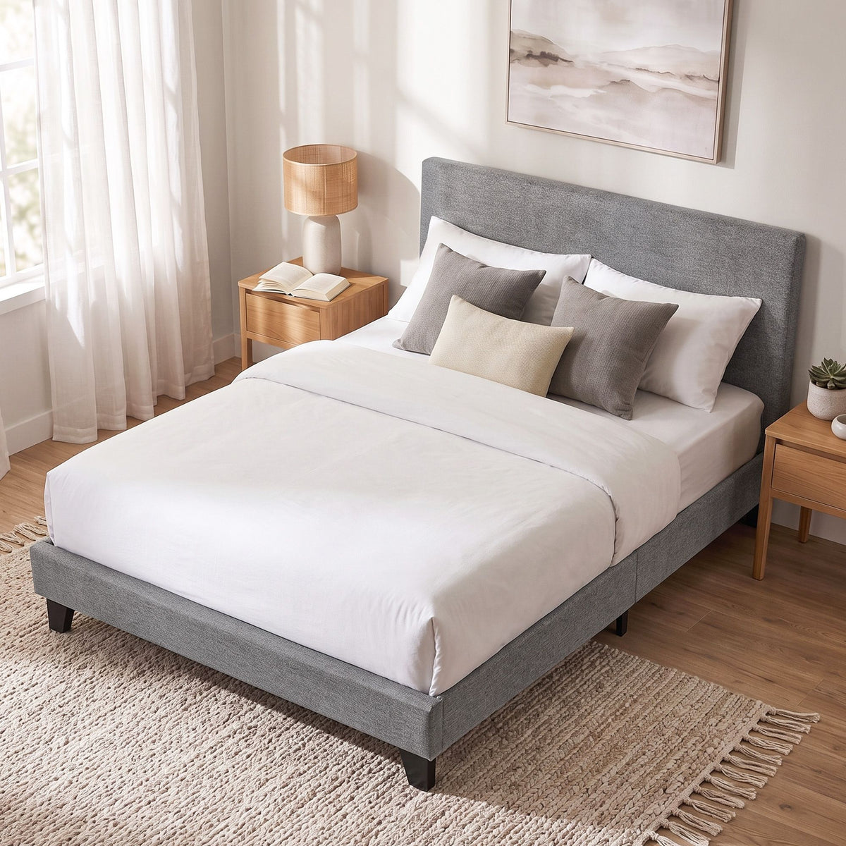Bed Frame Double, Fabric, Grey