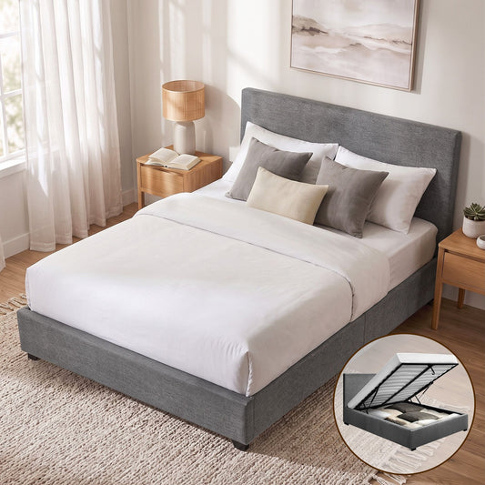 Bed Frame Double, Fabric, Grey