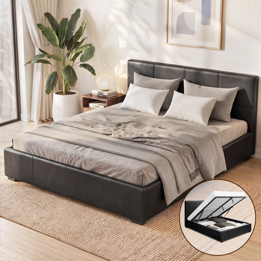 Bed Frame Queen, PU Leather, Black